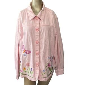 Cre8tions Women XL Pink Denim Embroidered Butterflies Flowers